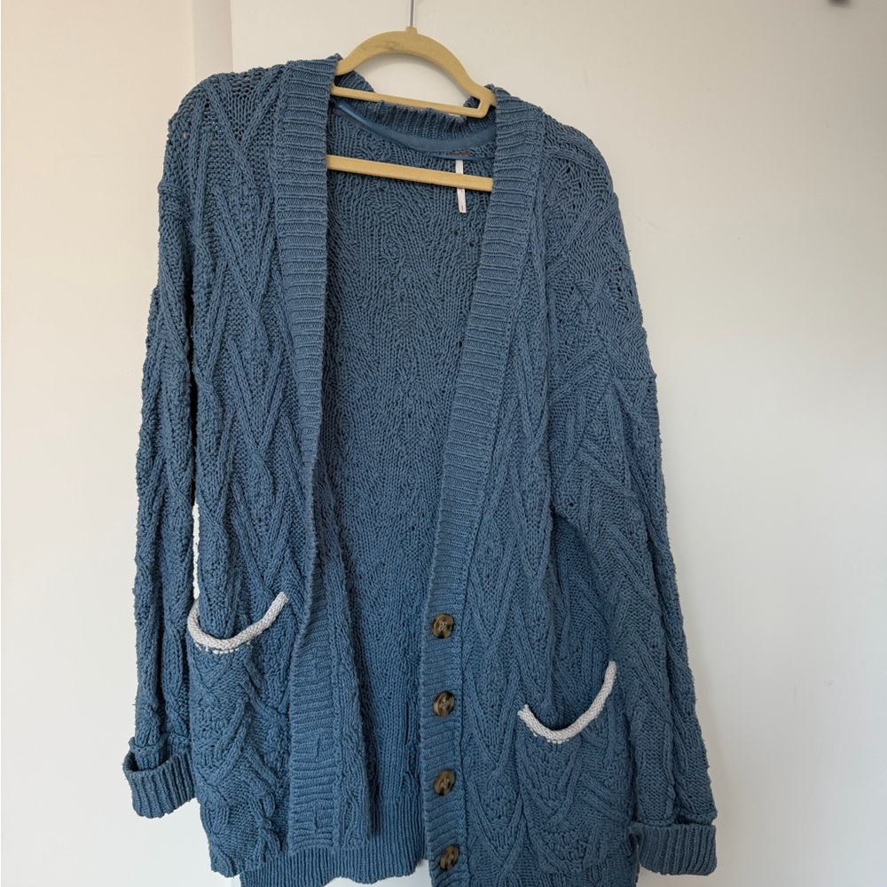 Free People Blue Cable Knit Cardigan with White Trim